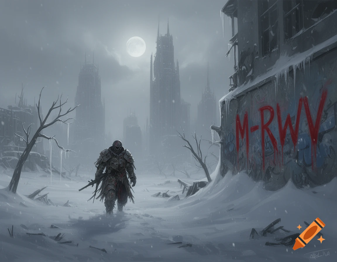 An armored warrior walks through a snowy, desolate city under a full moon, with ruined skyscrapers in the foggy background and graffiti on a nearby building.