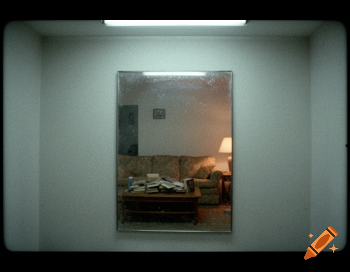 A found footage style photo of a dirty mirror reflecting a living room with a sofa and a table with books.