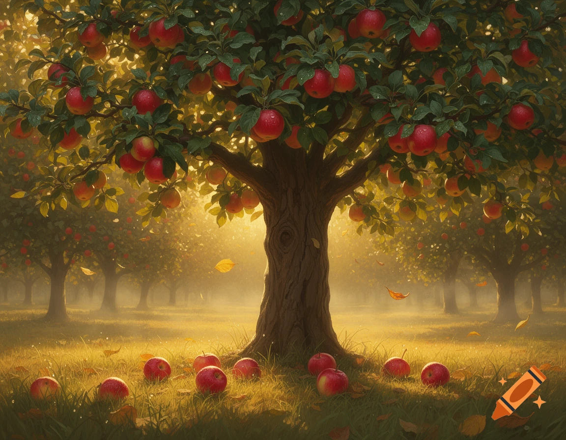 A sunlit apple tree with red apples on its branches and scattered on the golden grass in an orchard, depicting the idiom 'The apple doesn't fall far from the tree'.