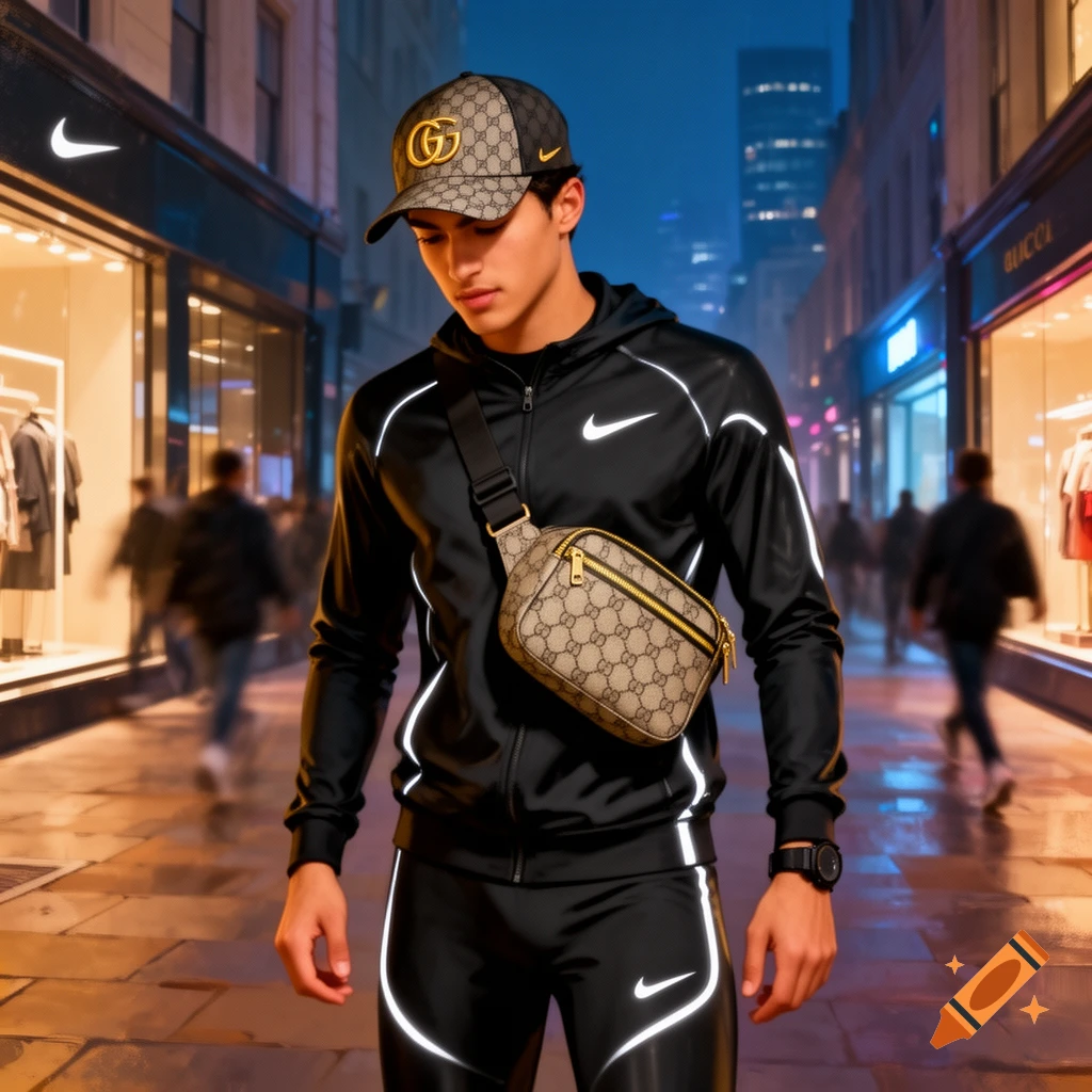 A young man in a black Nike tracksuit, Gucci cap, and fanny pack stands on a city street at night, passing storefronts.