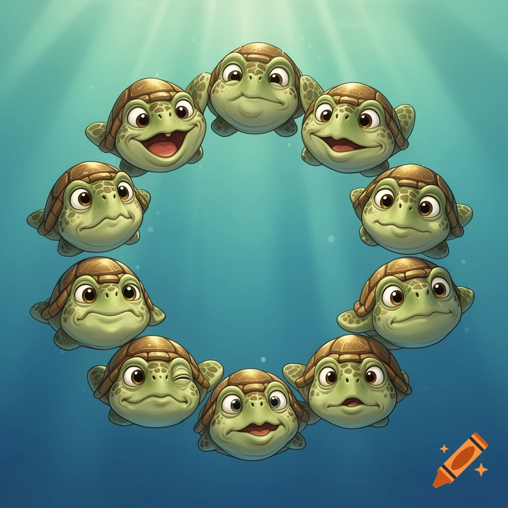 A circle of cute cartoon turtles with various expressions, swimming in a blue underwater scene with sun rays.