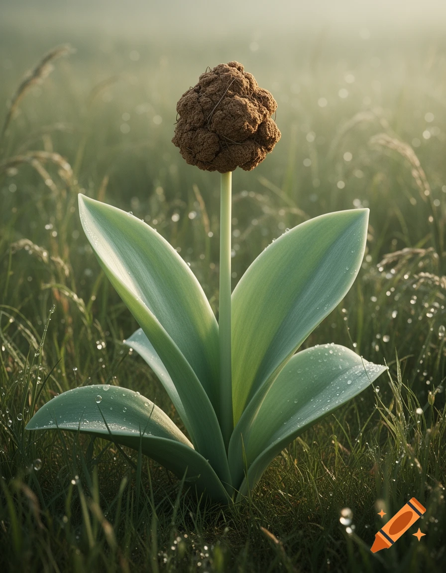 A photorealistic image of a plant with broad green leaves and a single stem, topped with a piece of animal dung, set in dewy grass.