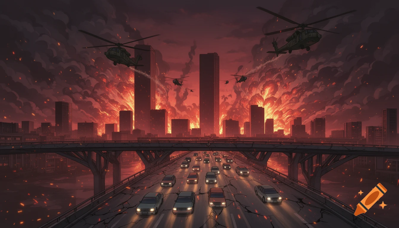 Apocalyptic digital art of a burning city with skyscrapers on fire, helicopters flying, and cars on a damaged bridge under a dark red sky.