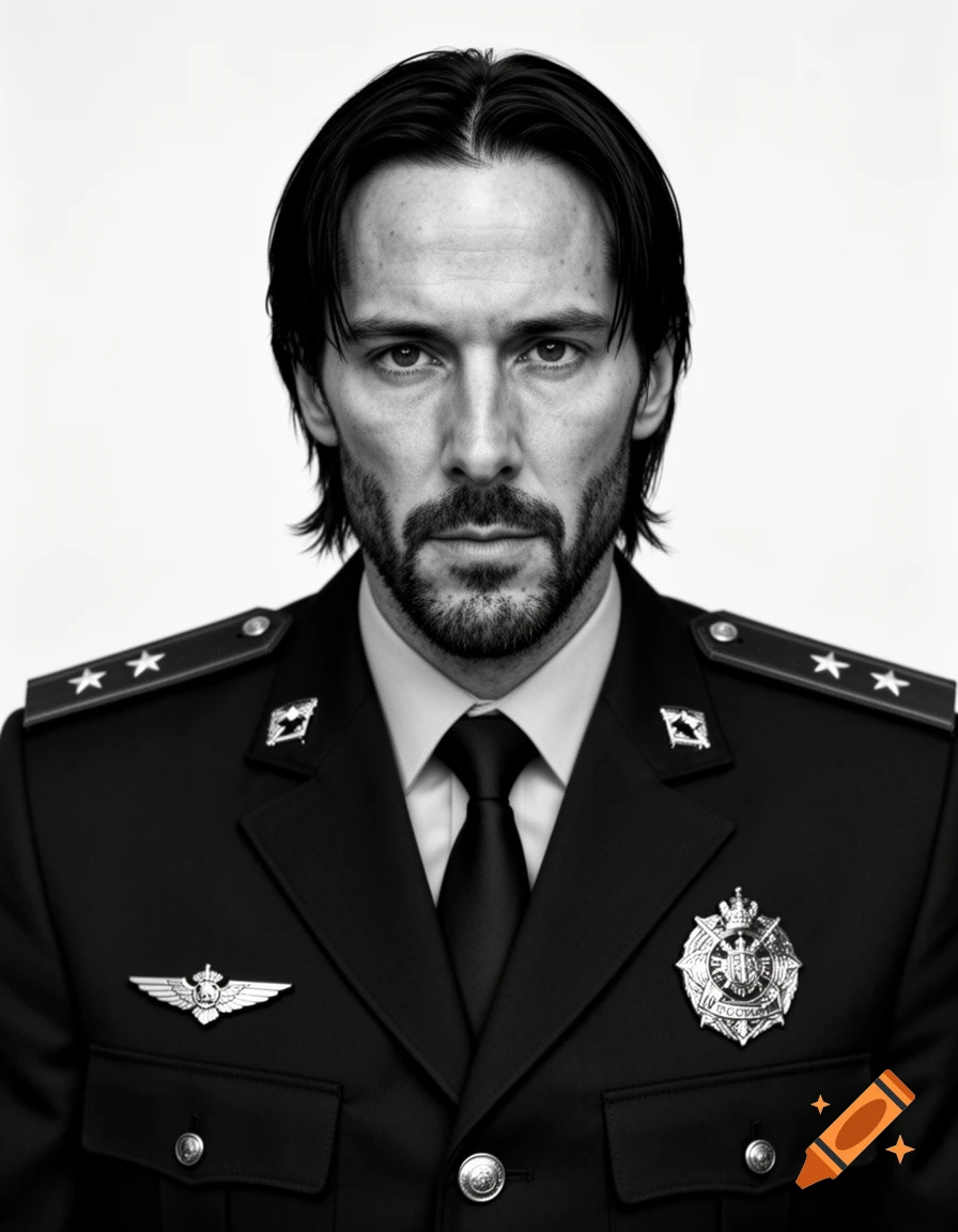 Photorealistic black and white portrait of Keanu Reeves as John Wick in a Russian police uniform.