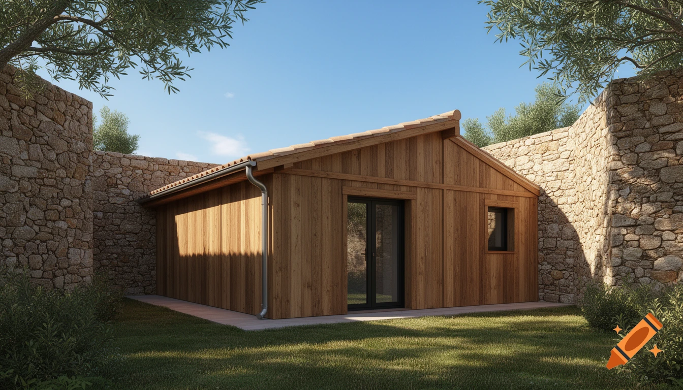 A rustic wooden pool house with a single-slope roof, between two stone walls in a sunny, grassy yard.