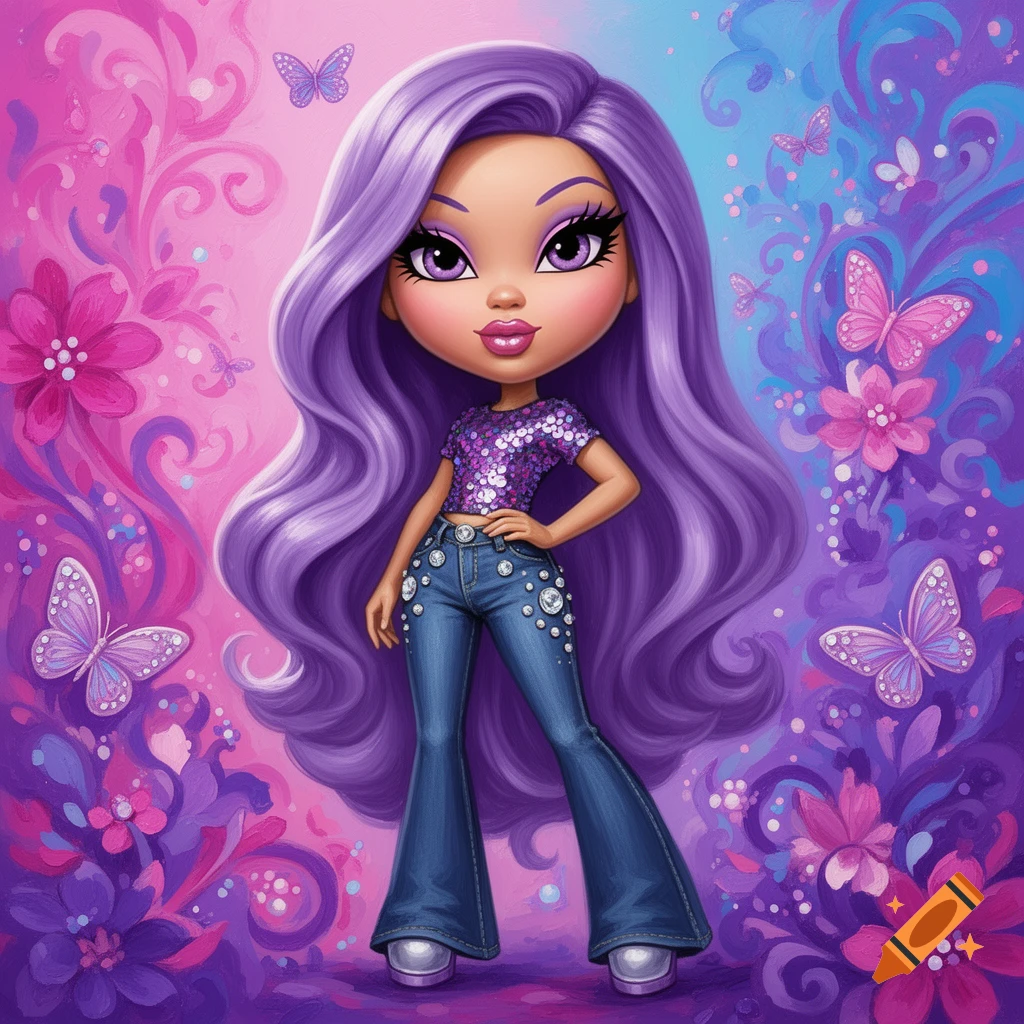 A digital art illustration of a Bratz-style doll with long purple hair, wearing a sequined crop top and rhinestone-studded jeans, against a pink and purple floral background with butterflies.
