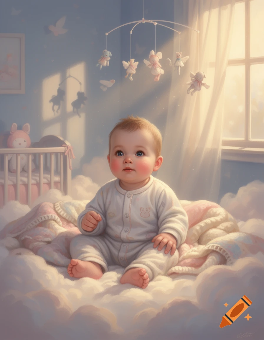A cute baby with blue eyes sits on soft clouds in a sunlit nursery under a mobile with stuffed animals.