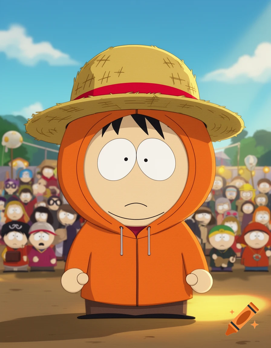 Kenny from South Park, wearing a straw hat, stands in front of a crowd of blurred South Park characters under a blue sky.