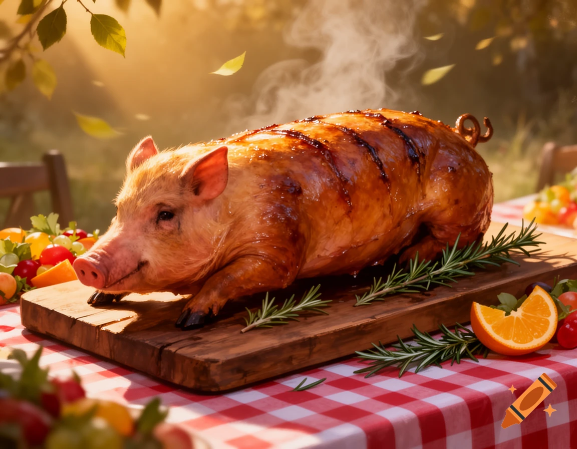 A whole roasted pig, garnished with rosemary and an orange slice, sits on a wooden board and red checkered tablecloth outdoors.