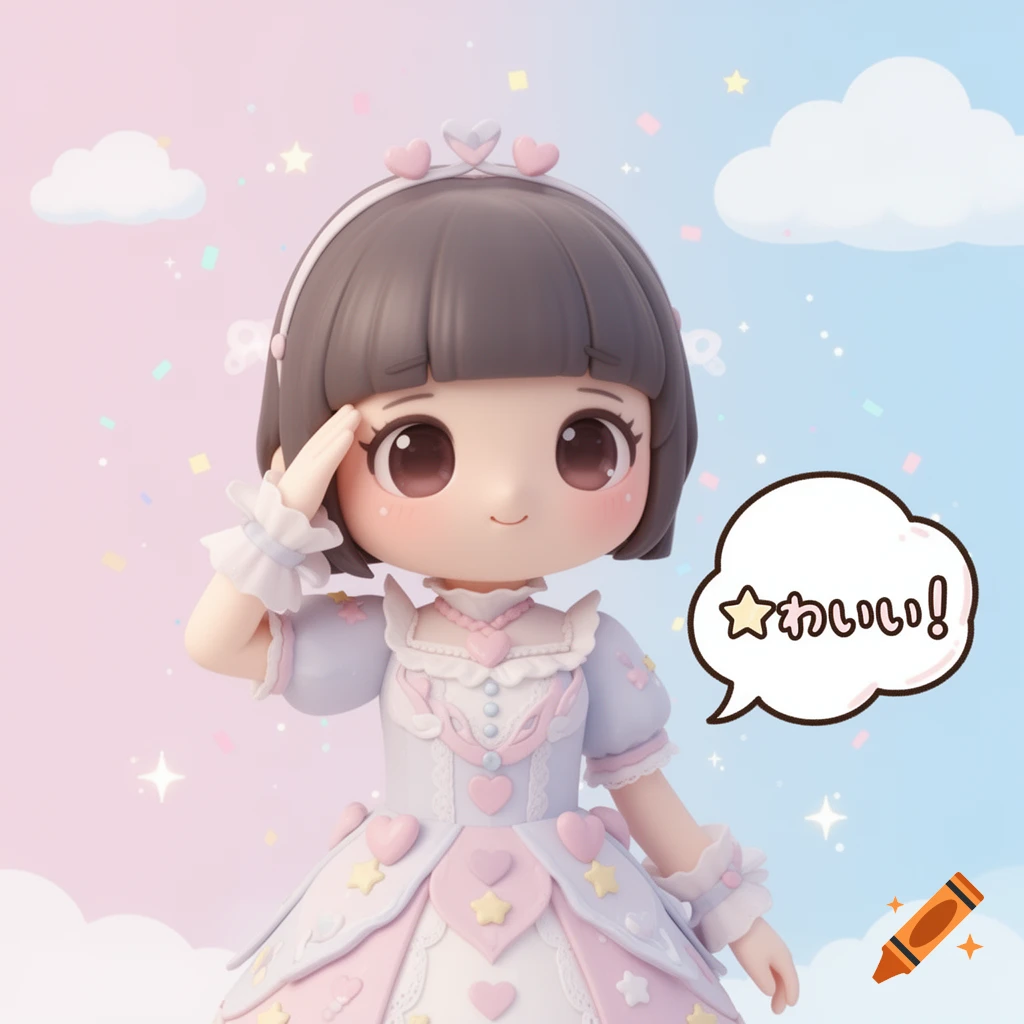 A cute kawaii doll in a frilly pastel dress saluting, with a speech bubble saying 'kawaii!' against a pastel sky.