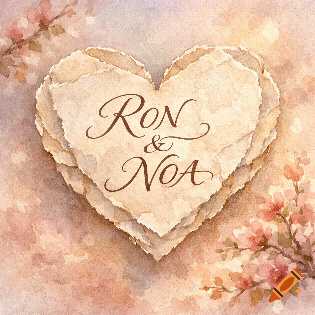 Watercolor illustration of a layered paper heart with the names Ron & Noa in elegant script, surrounded by soft floral branches.