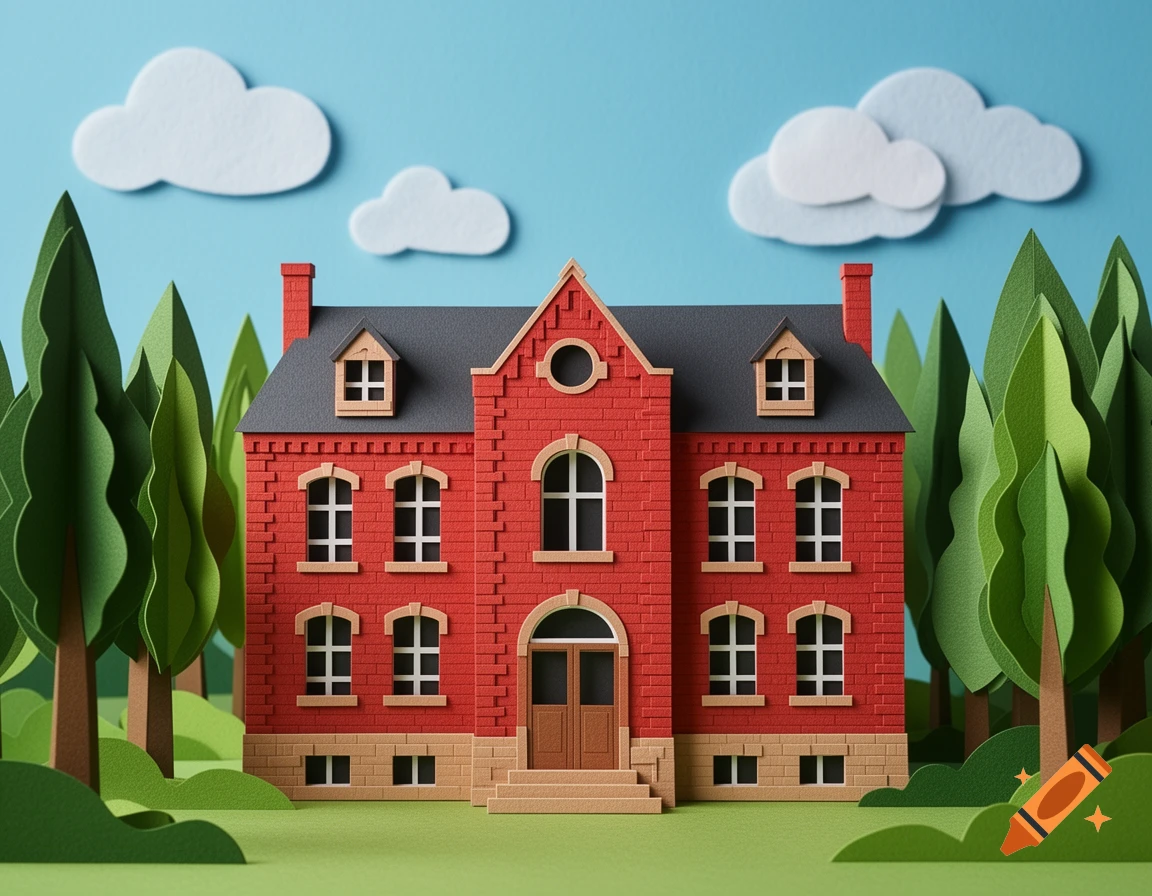 A detailed paper art rendition of a red brick French school building surrounded by paper trees under a blue sky with felt clouds.