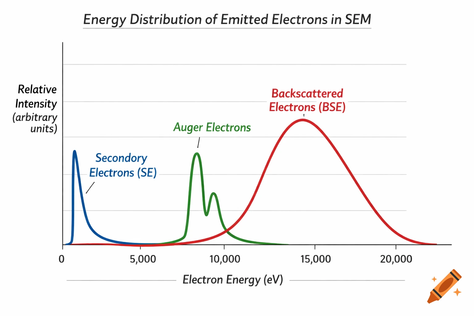 A 2D line diagram illustrating the energy distribution of emitted electrons in SEM, showing distinct peaks for Secondary, Auger, and Backscattered Electrons.