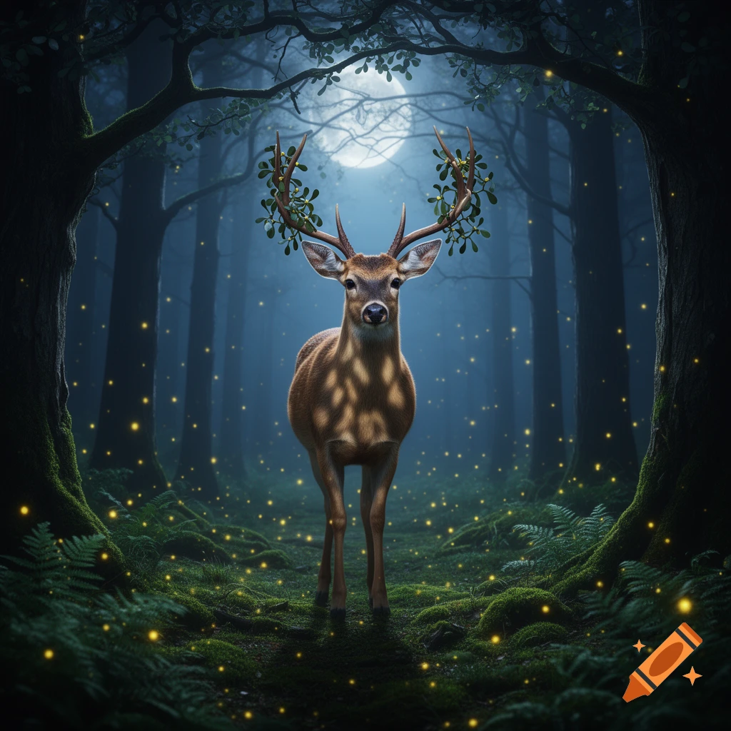 A majestic deer with leafy antlers stands in a mystical, glowing forest under a full moon.