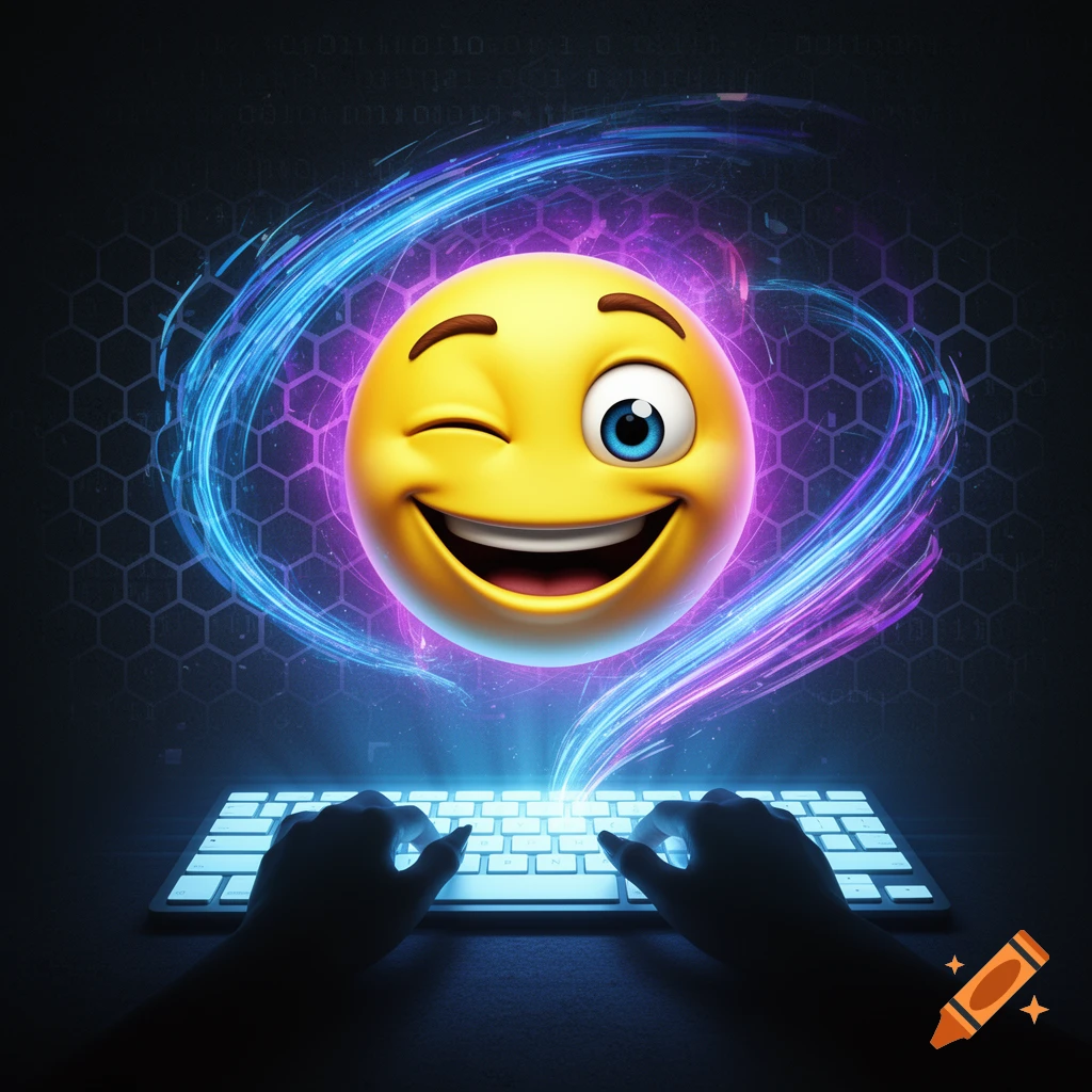 A vibrant winking emoji hovers above hands typing on a glowing keyboard, surrounded by blue and purple light, against a dark tech background.