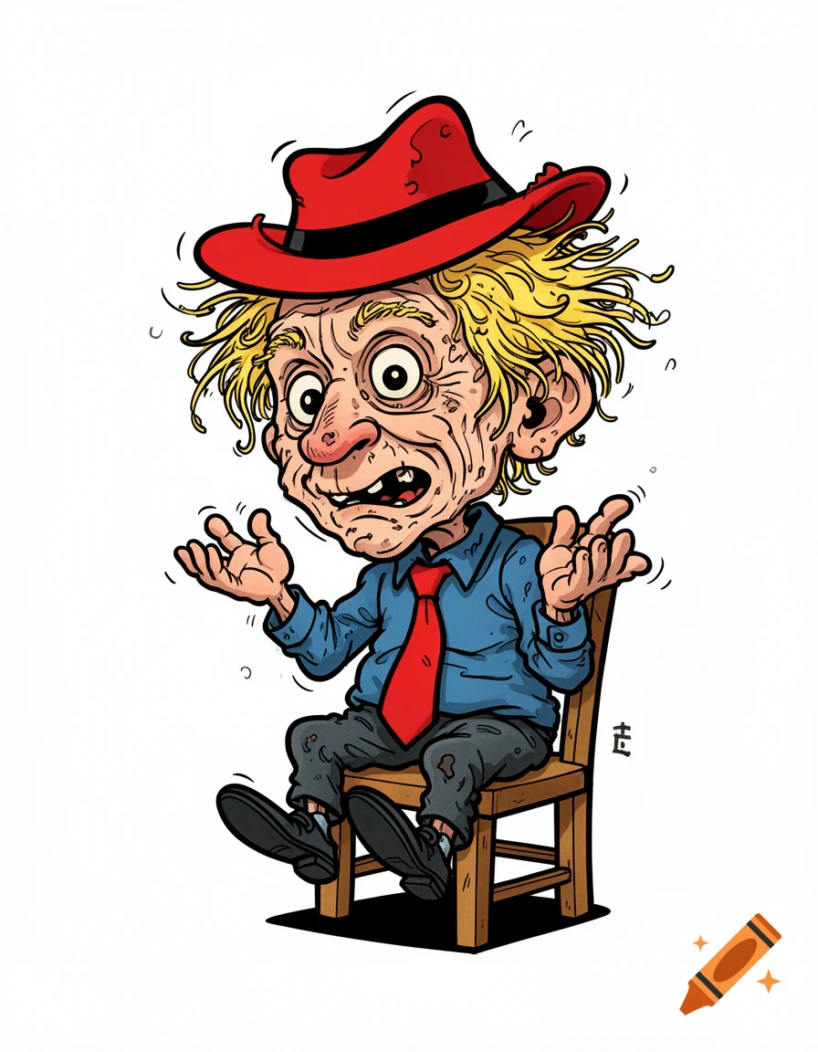 A humorous cartoon of a decrepit old man with messy blond hair, a red hat, and a red tie, shrugging in a chair.