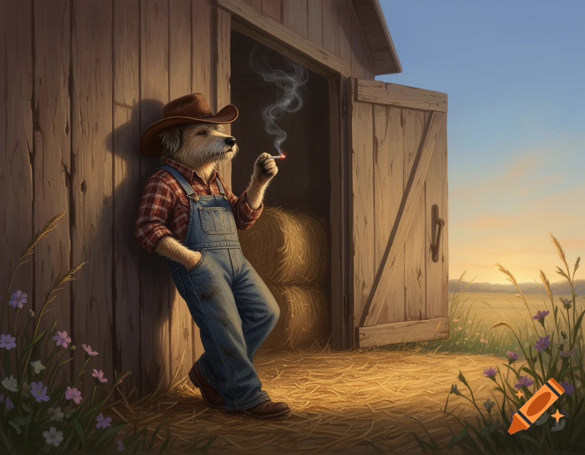 An anthropomorphic dog in a cowboy hat and overalls leans against a wooden barn, smoking a cigarette at sunset.