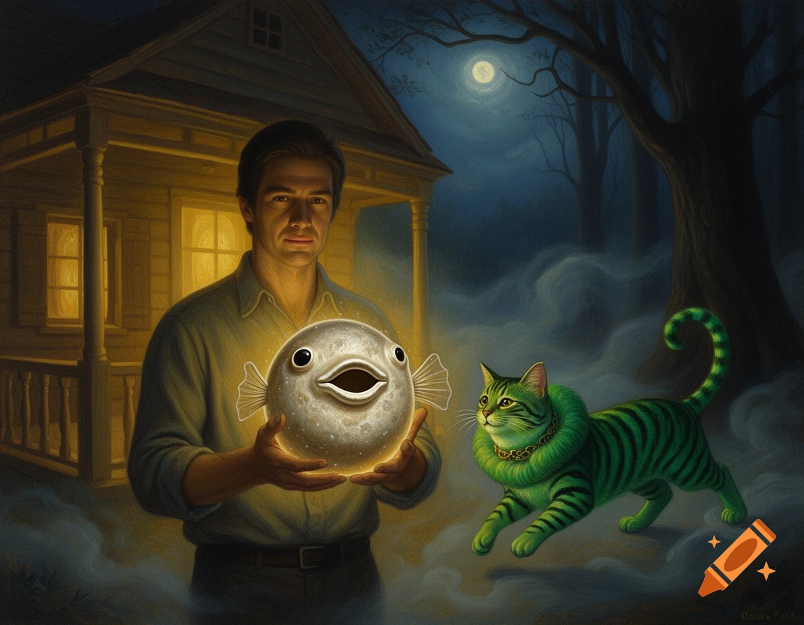 A surrealist painting of a man holding a glowing pufferfish-like orb. A green striped cat walks beside him outside a cabin at night.