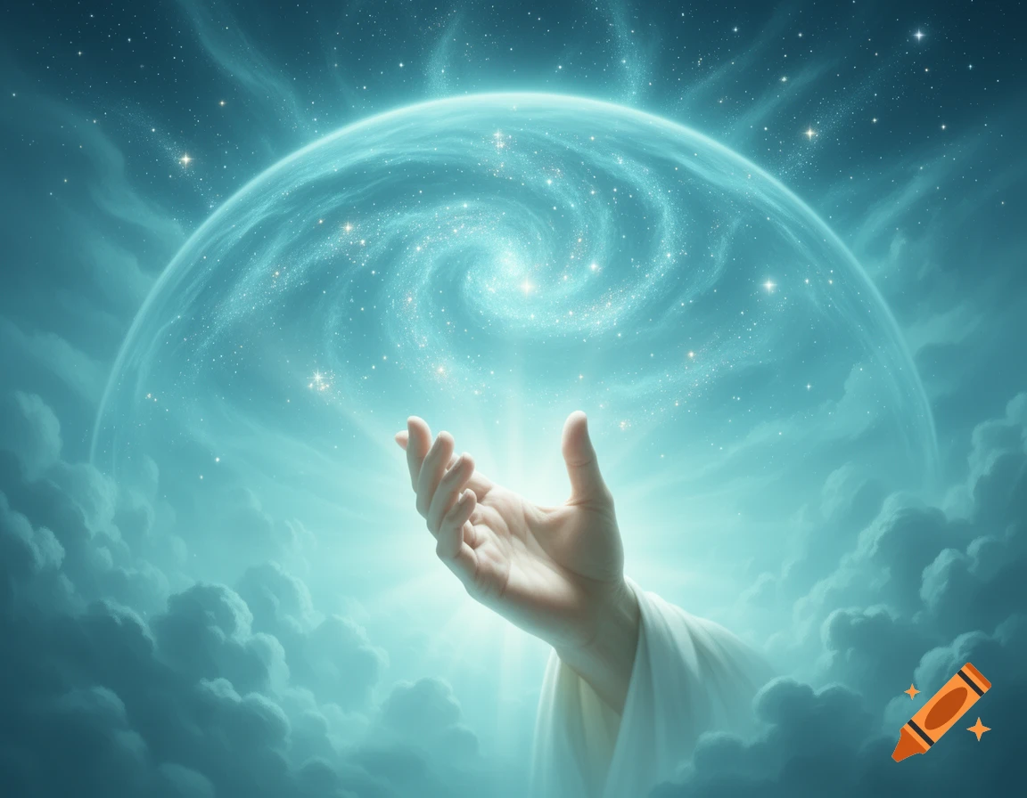 An ethereal hand reaches up through clouds towards a swirling, starry cyan firmament emitting a bright light.