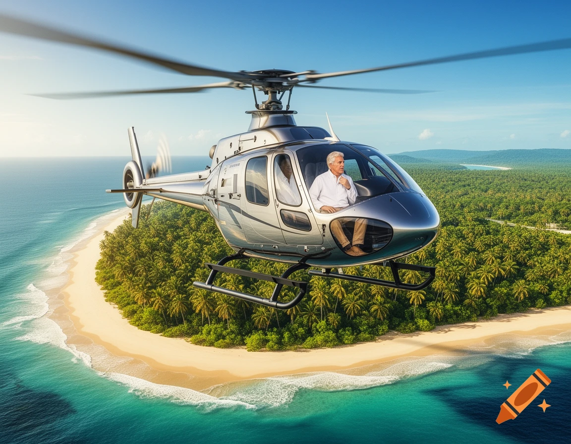 A man piloting a silver helicopter flies over a lush green tropical island with white sandy beaches and turquoise water on a sunny day.