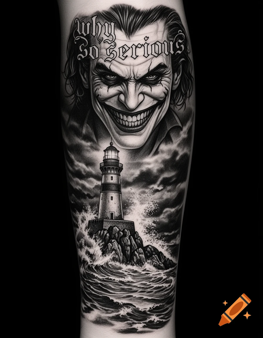 Black and white tattoo of the Joker's smiling face with "Why So Serious" text, above a lighthouse on stormy rocks with crashing waves.
