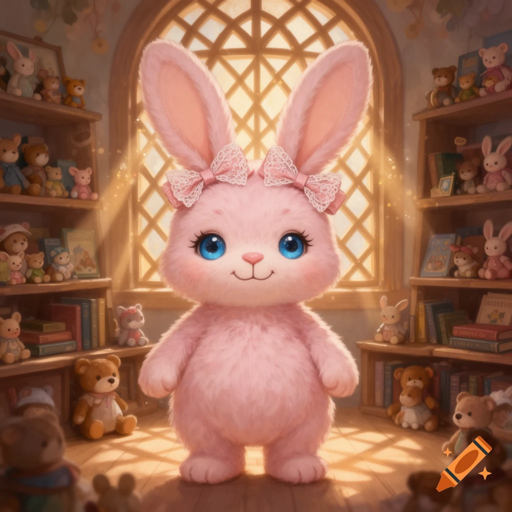 A cute pink fluffy bunny doll with big blue eyes and pink bows stands in a cozy room with bookshelves full of toys, sunlit by a patterned window.