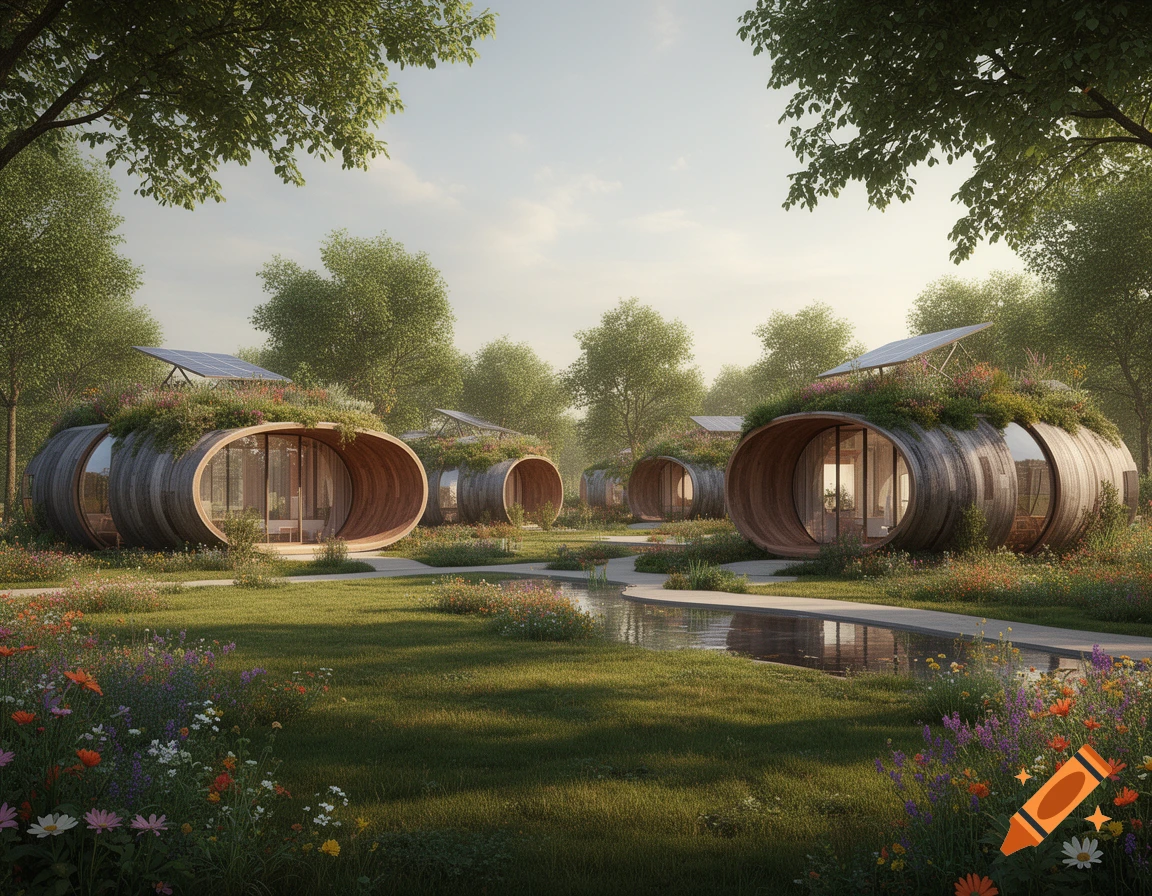 Several unique barrel-shaped sustainable houses with green roofs and solar panels nestled in a lush, flower-filled landscape with a pond.