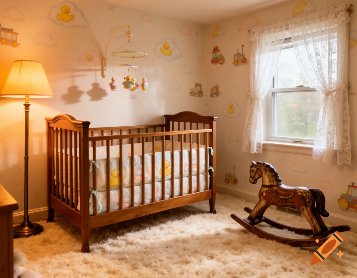A warm, vintage baby room featuring a wooden crib, a rocking horse on a fluffy rug, a floor lamp, and a window with lace curtains.