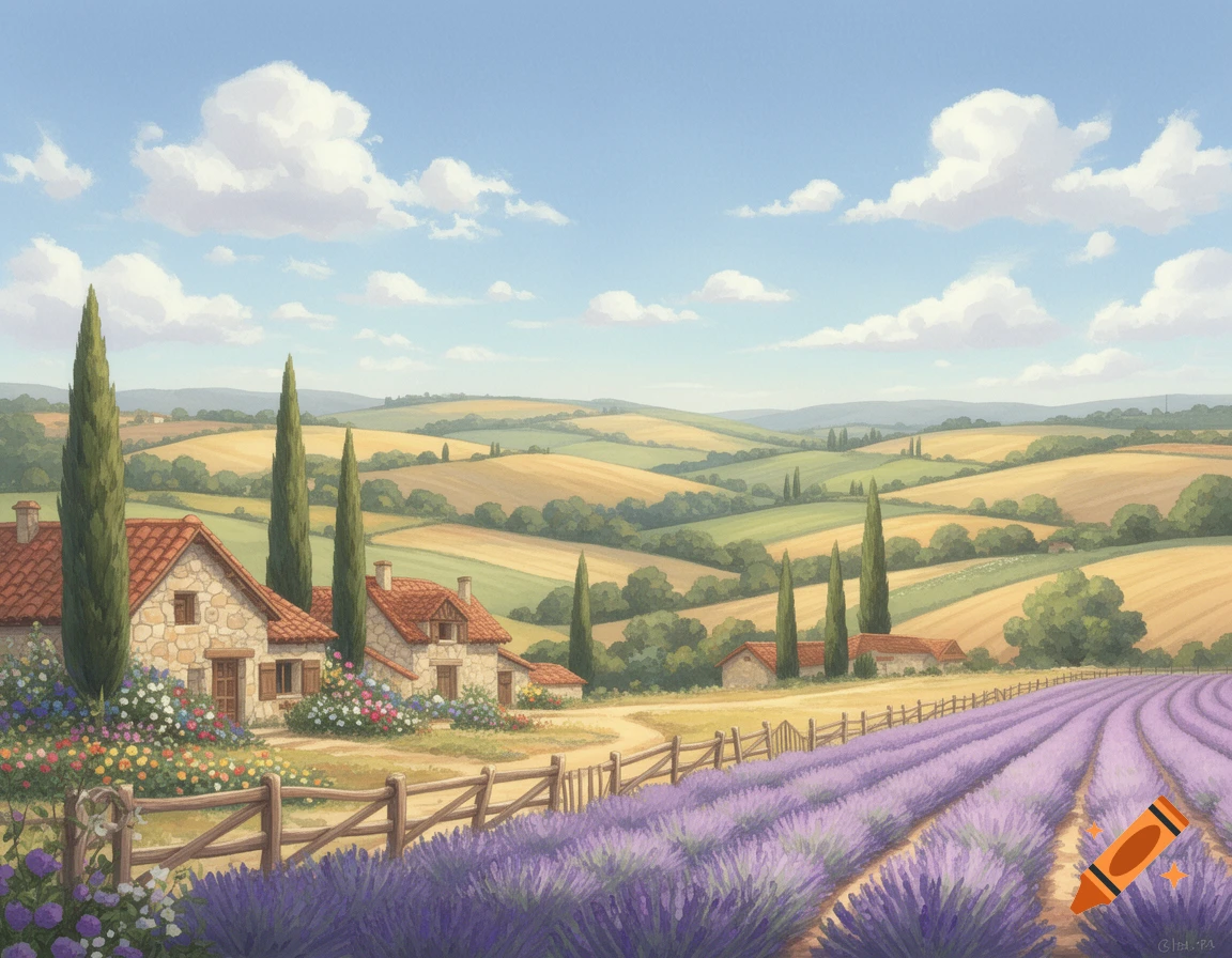 Vibrant painting of a European countryside with stone houses, tall cypress trees, and endless purple lavender fields under a blue sky.