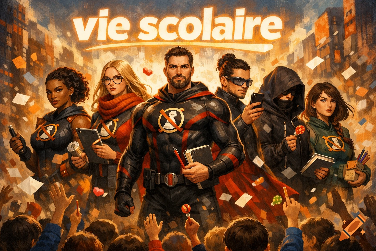 A group of diverse superheroes in comic book style stand above a crowd of children with raised hands. Text "vie scolaire" is overhead.