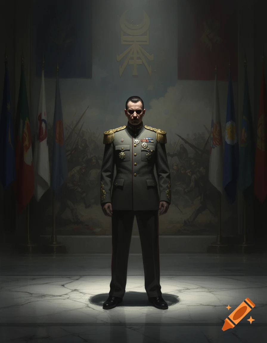 A dark, dramatic portrait of a stern-faced general in uniform, standing under a spotlight with flags and a battle painting in the background.