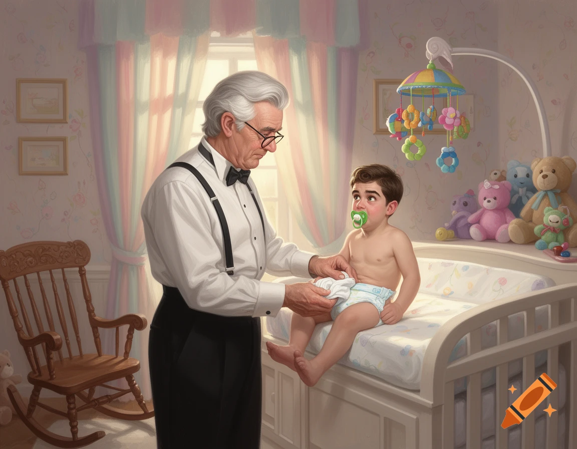 An older man in a tuxedo shirt changes a young boy's diaper on a changing table in a nursery filled with pastel colors and toys, depicted in an illustration.
