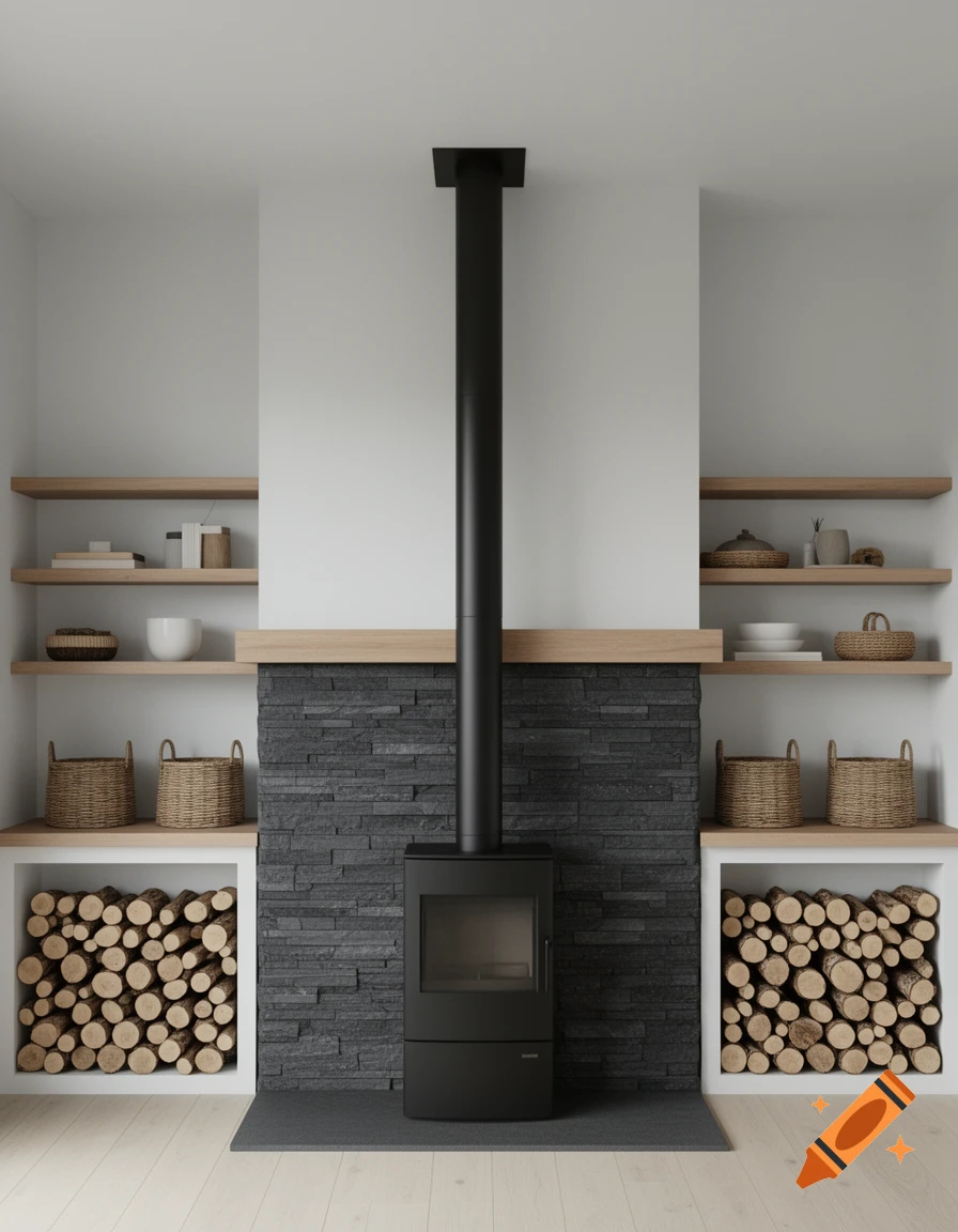 Modern rustic interior featuring a black wood stove against a stacked stone accent wall, flanked by wood shelves and firewood cubbies.