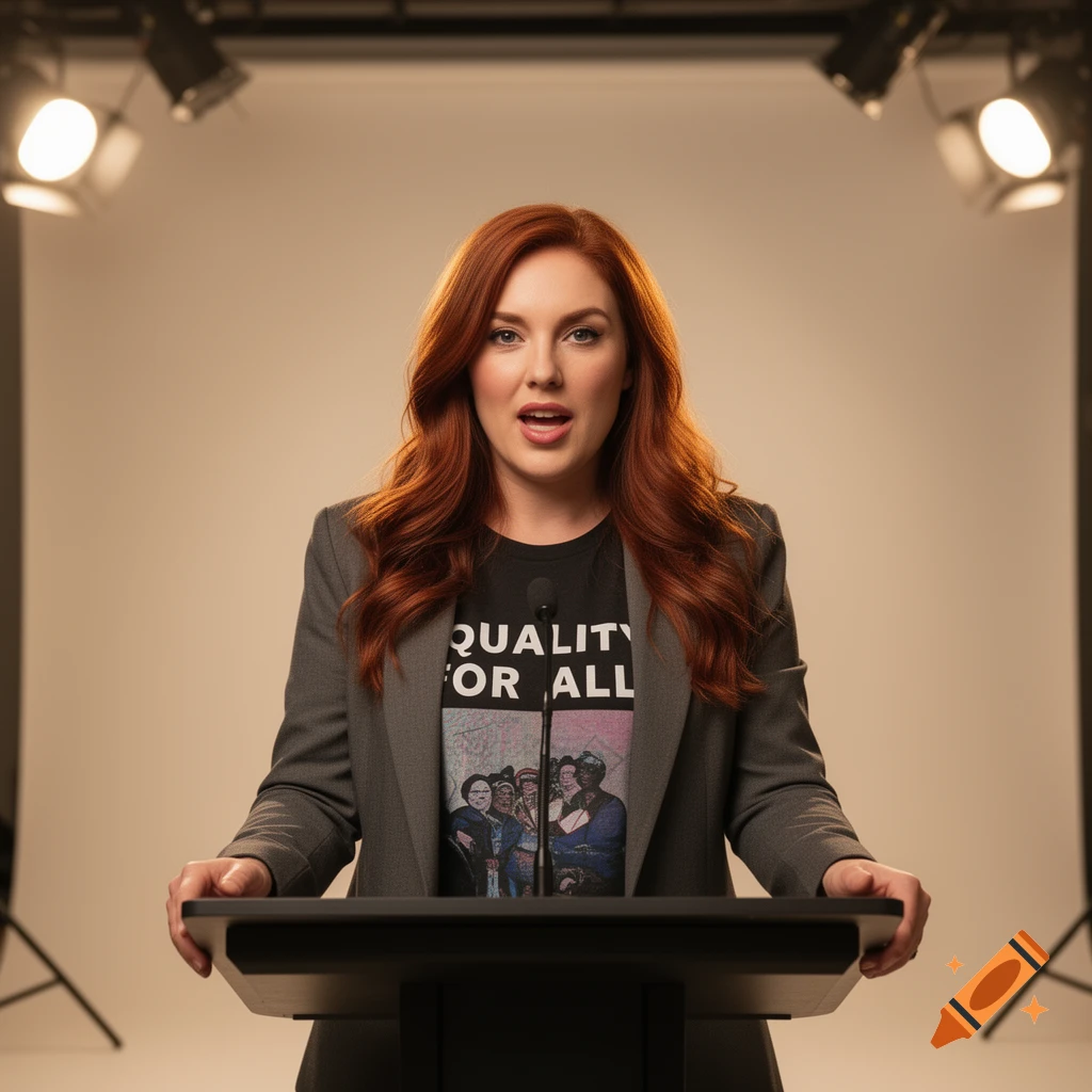 A red-haired woman speaks at a podium under studio lights, wearing a t-shirt that says 'QUALITY FOR ALL' and a grey blazer.