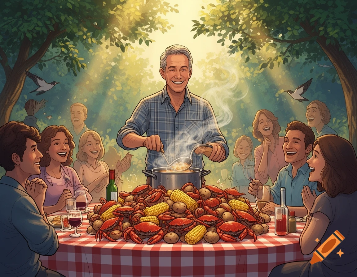 An illustration of a man serving a Louisiana-style crab boil to smiling friends and family at an outdoor picnic with a checkered tablecloth.