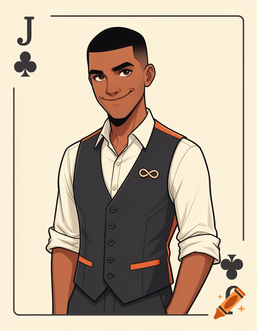 Vector illustration of a smiling young man in a dark waistcoat, depicted as the Jack of Clubs playing card.