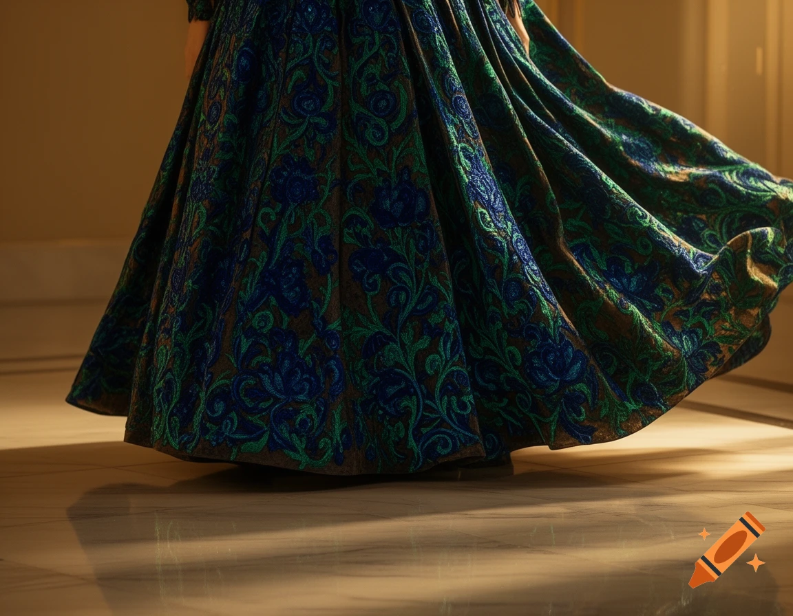 Close-up of a flowing dark blue and green patterned dress on a marble floor, lit from behind.