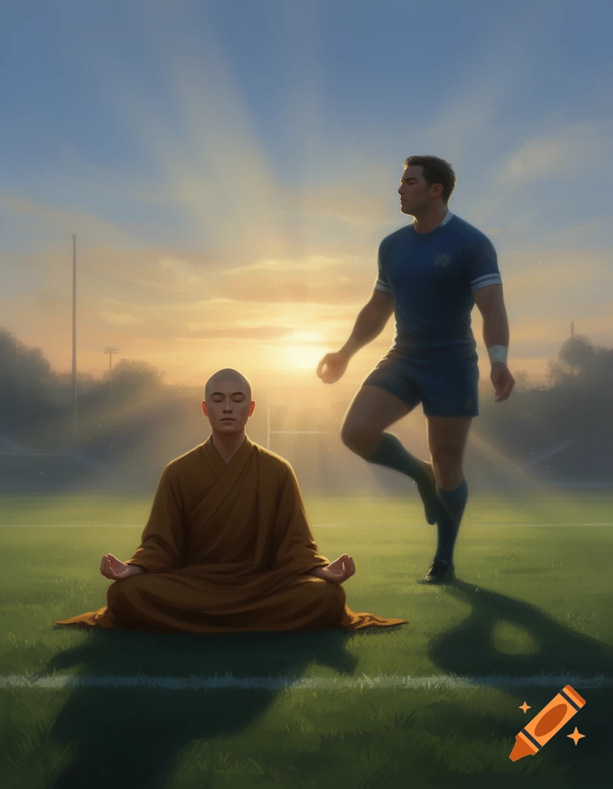 A monk meditating on a rugby field with a rugby player standing in the background at sunset. Photorealistic style.