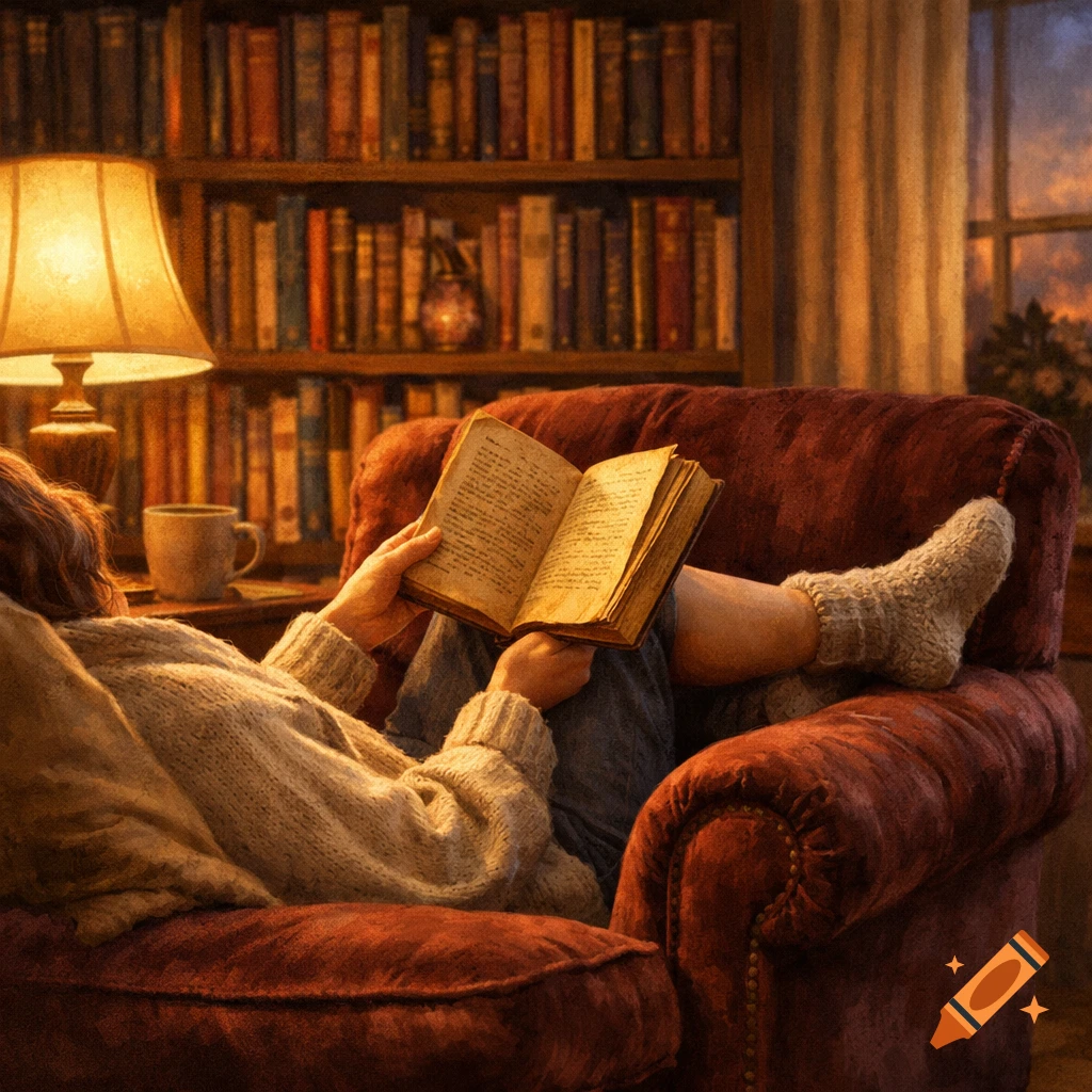 A person in a sweater and socks relaxes in a red armchair, reading a book by lamplight, with a bookshelf and window at sunset in the background.