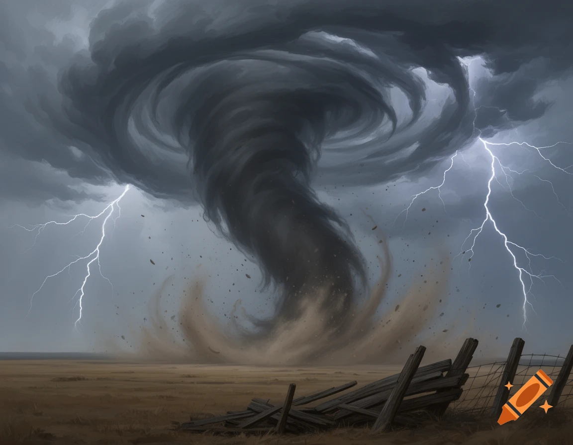 A massive, dark tornado swirls under a stormy, lightning-filled sky above a barren field with a broken fence.