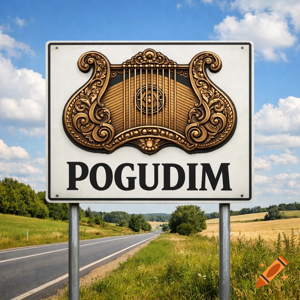A road sign with a golden gusli symbol and 'POGUDIM' text stands by a rural road with fields, trees, and a blue sky.