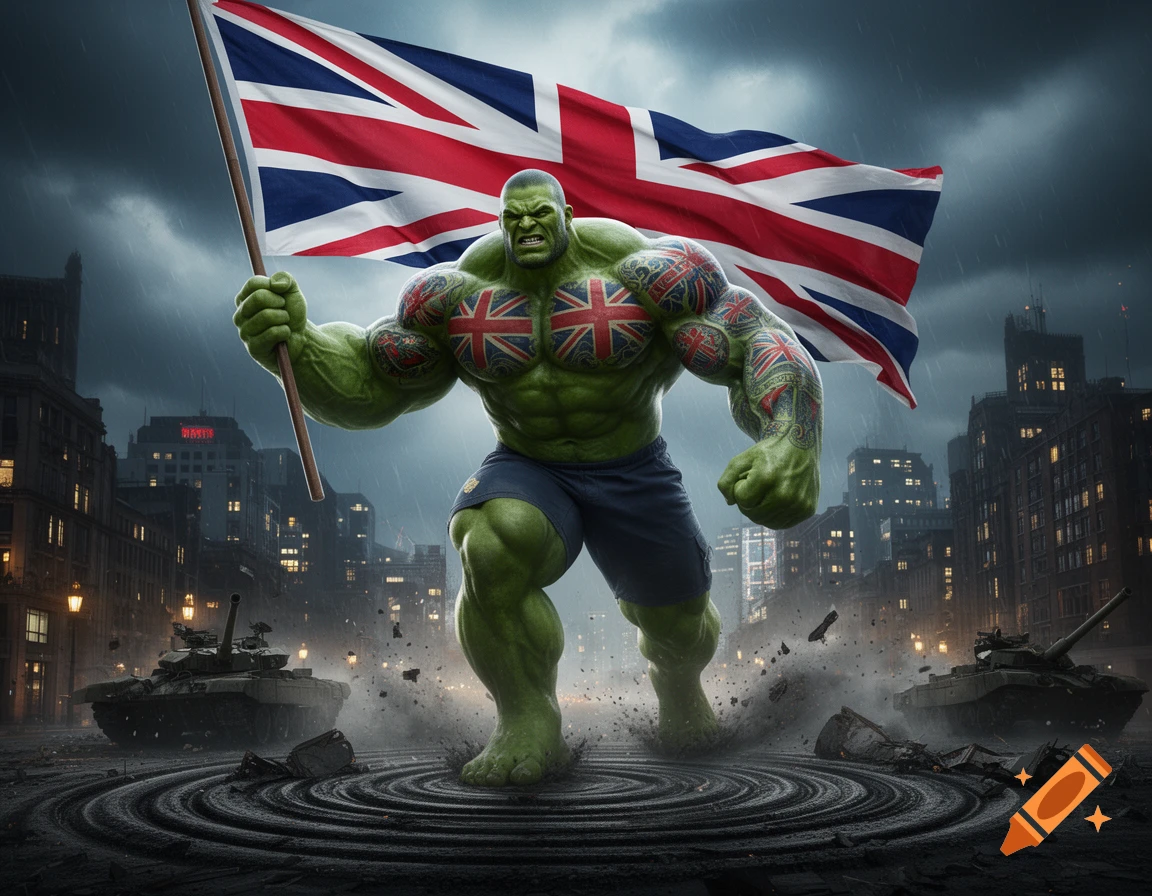 Muscular green figure with Union Jack tattoos holds a British flag on a destroyed city street with tanks under a stormy sky, photorealistic.