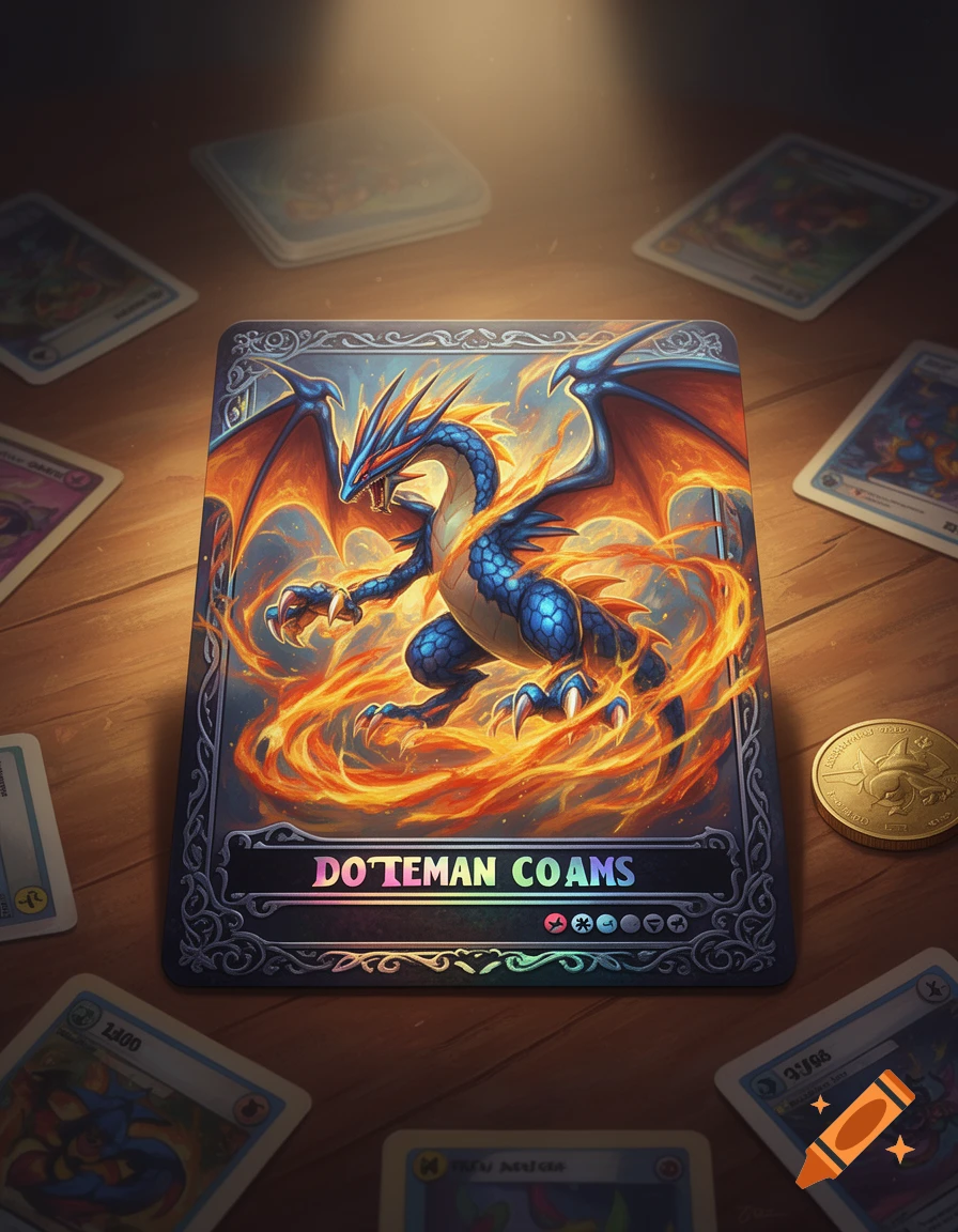A blue and orange dragon surrounded by flames on a holographic trading card, displayed on a wooden table with other blurry cards and a gold coin.