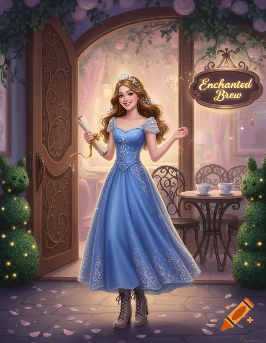 A smiling princess in a sparkling blue dress and combat boots stands outside an "Enchanted Brew" coffee shop, holding a scroll.