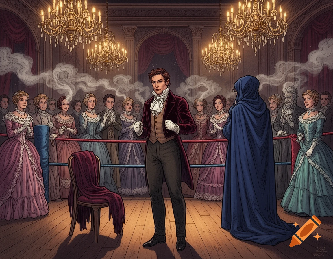 An illustrated scene of a man in Regency attire with boxing gloves standing in a ring in a grand ballroom, surrounded by spectators and a hooded figure.