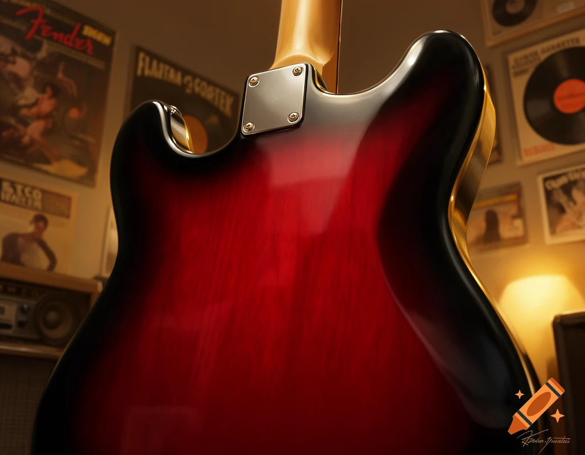 Photorealistic close-up of the glossy red to black burst back of a Fender Telecaster guitar, with blurred music posters and records in the background.