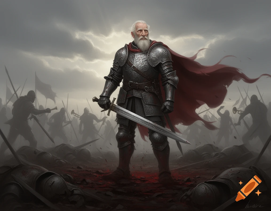 An old knight with a long white beard and red cape stands on a blood-soaked battlefield with fallen soldiers and marching troops in the background.