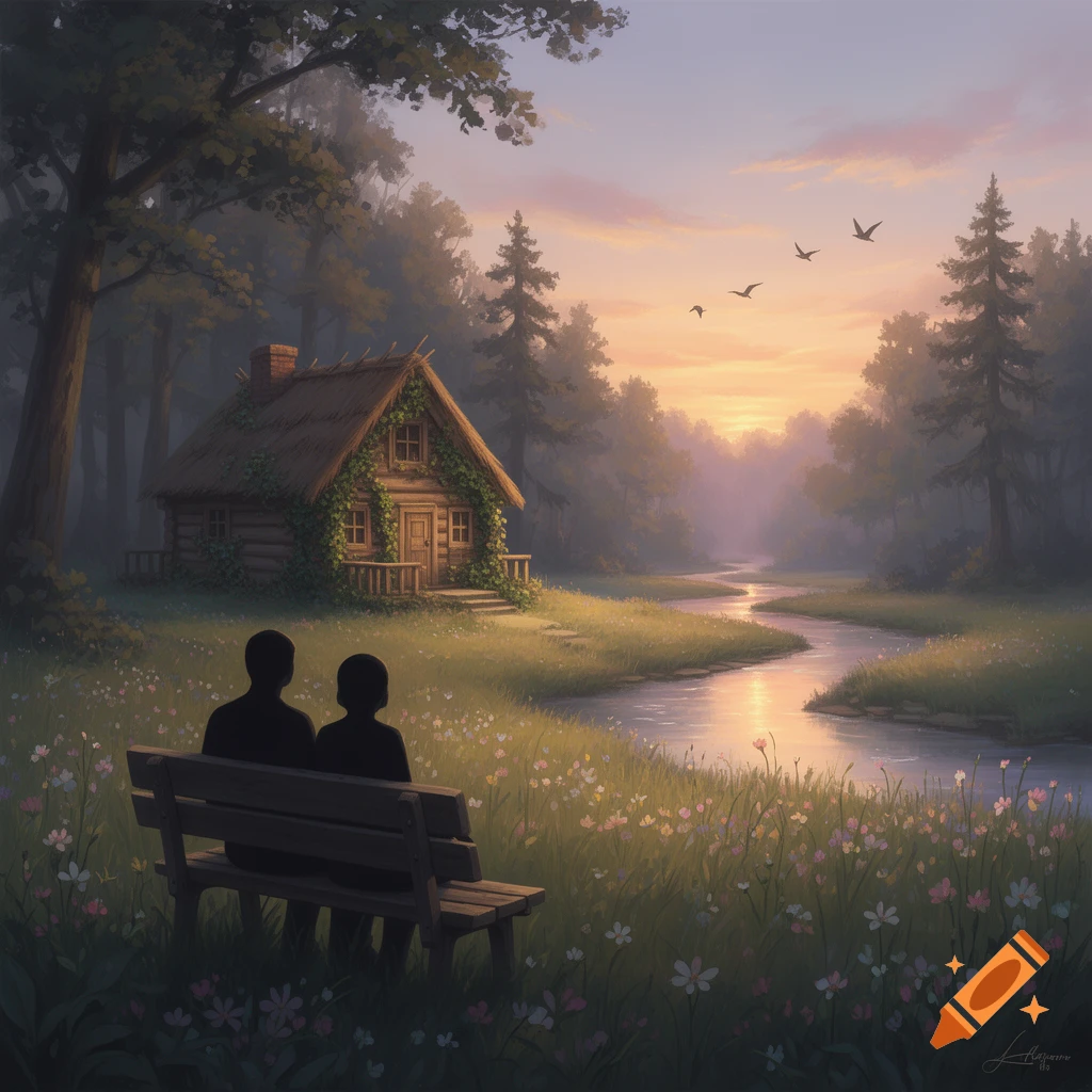 Two people sit on a bench by a winding river, looking towards a cozy cabin in a misty forest at sunset, digital painting.