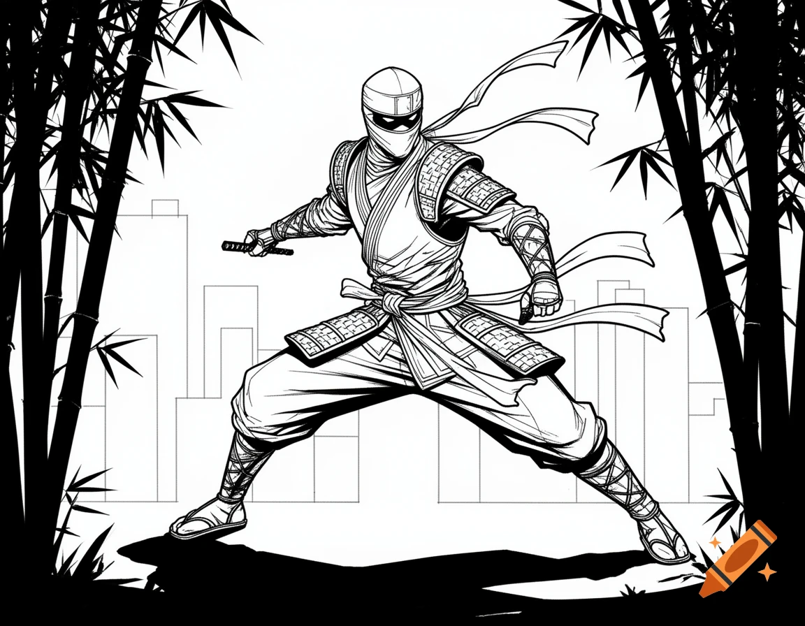 Black and white line drawing of a ninja in an action pose, holding a short weapon, surrounded by bamboo and city skyline.