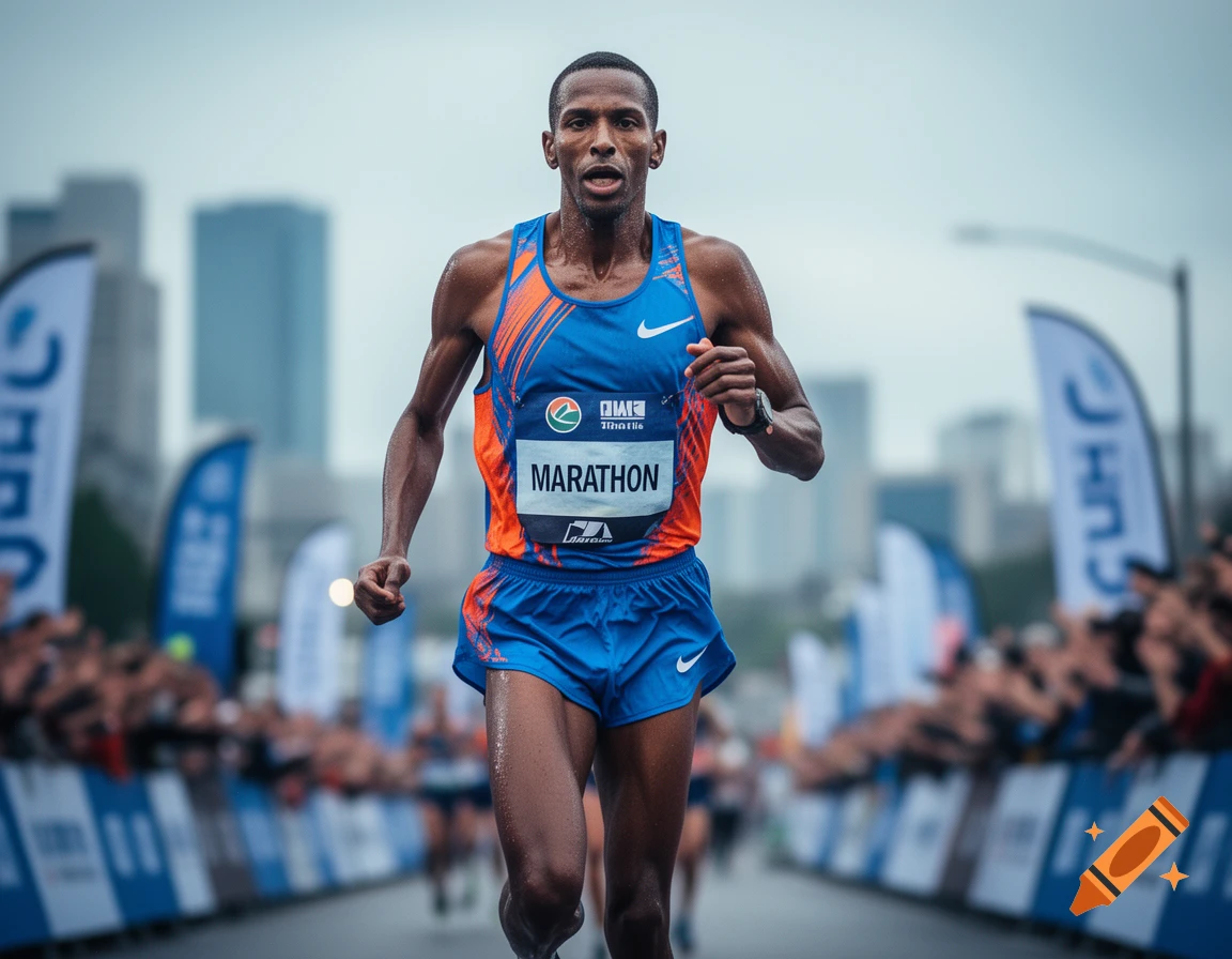 A male marathon runner in a blue and orange singlet and shorts runs towards the camera, sweat glistening, with blurred crowds and city buildings in the background.